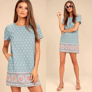 Lulus Secret Paradise Blue Print Shift Dress Size XS Bohemian Mini Festival Boho